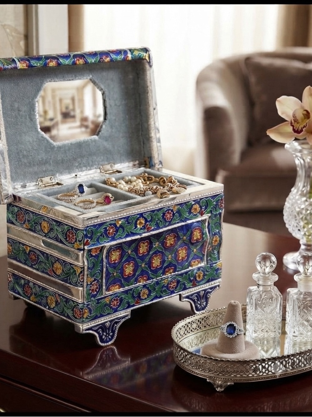 Vintage Persian hand made Enameled  Metal jewlery box, Blue and Red Floral